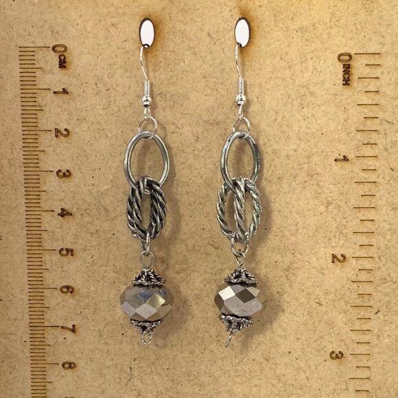 Handmade Pierced Earrings Silver-Grey Glass & Metal Dangle BOHO LA104 - Picture 1 of 2